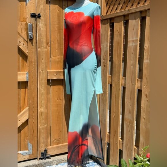 🆕 RAT & BOA 🧿 NWOT Santino Sheer Long Sleeve Dress, Blue with Red Tulip Sz XXS - Picture 3 of 16